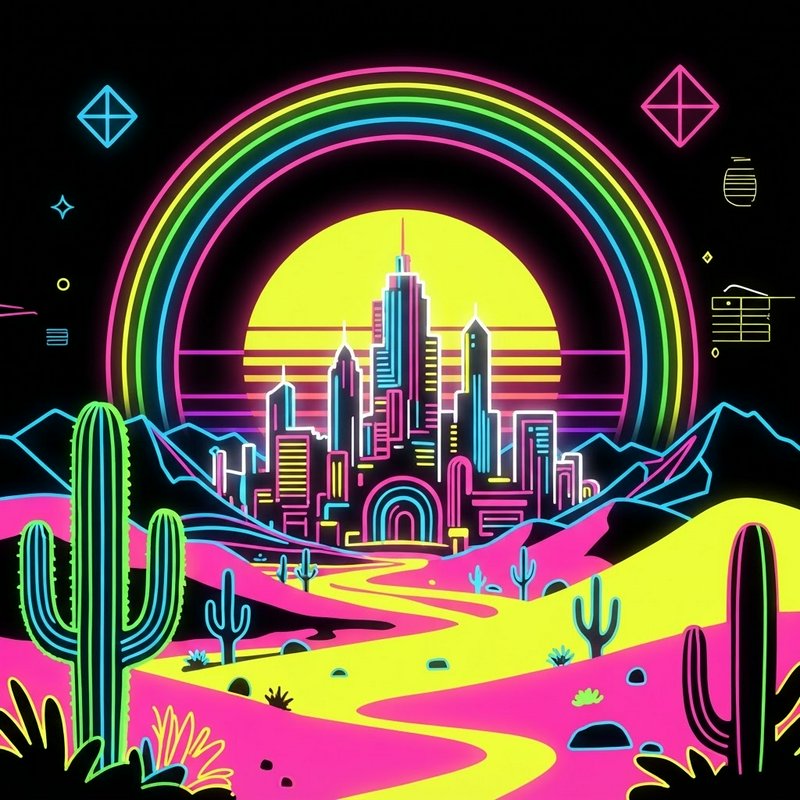 Glowing neon retro-futuristic desert city sits under a rainbow arc next to saguaro cacti