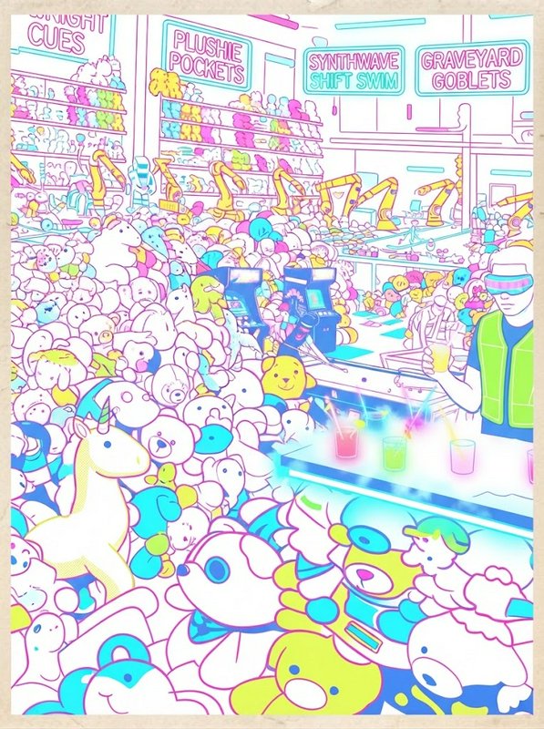 Surreal neon pastel illustration of a crowded plush toy factory full of stuffed animals and a VR-...