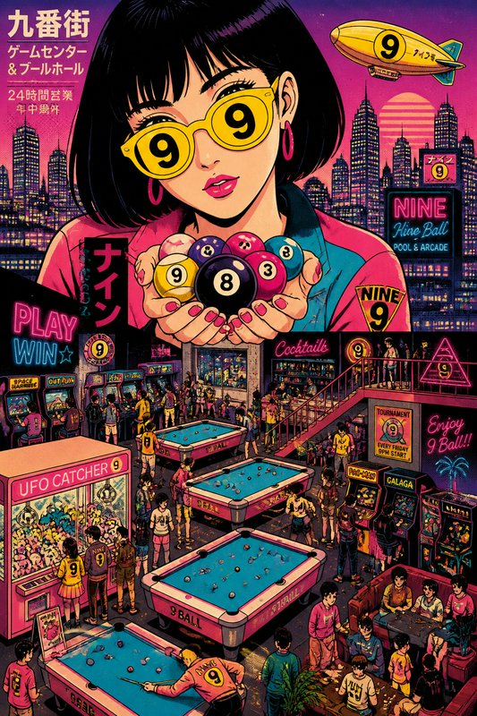 Retro anime woman wearing 9-themed yellow sunglasses holds billiard balls above a neon 9-ball arcade and city skyline
