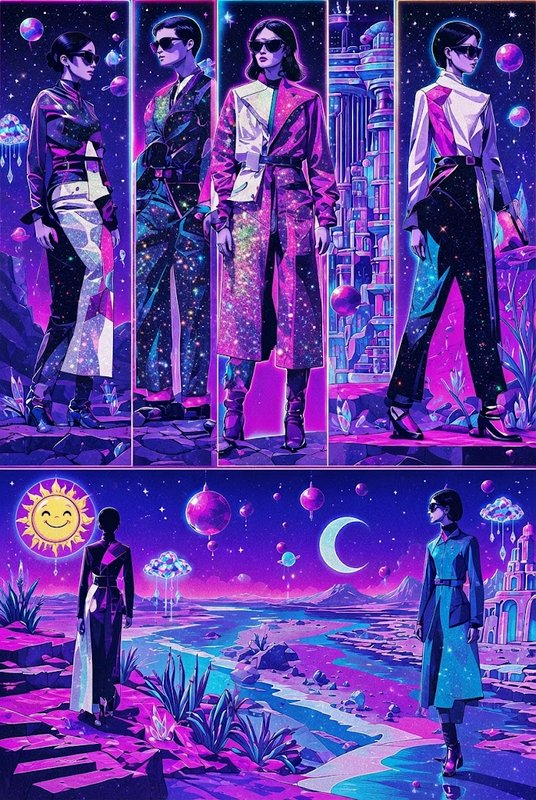 Panel collage of futuristic fashion figures set against a vibrant surreal alien space landscape
