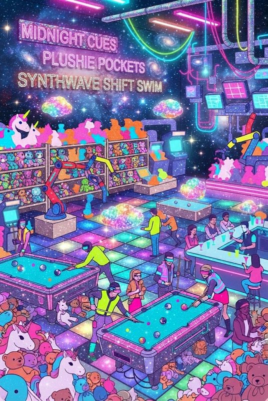 Surreal neon synthwave pool hall overflowing with plush toys set against a starry cosmic space backdrop