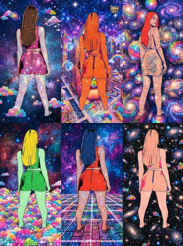 Six-panel grid of glittery stylized women posed against vibrant psychedelic cosmic galaxy backdrops
