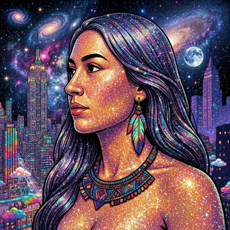 Glittering illustrated woman with feather jewelry stands before a New York cityscape under a swirling cosmic galaxy sky