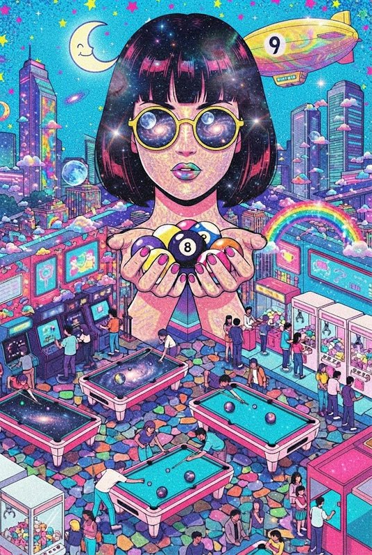 Giant surreal girl with galaxy-reflecting sunglasses holds billiard balls over a vibrant fantasy arcade