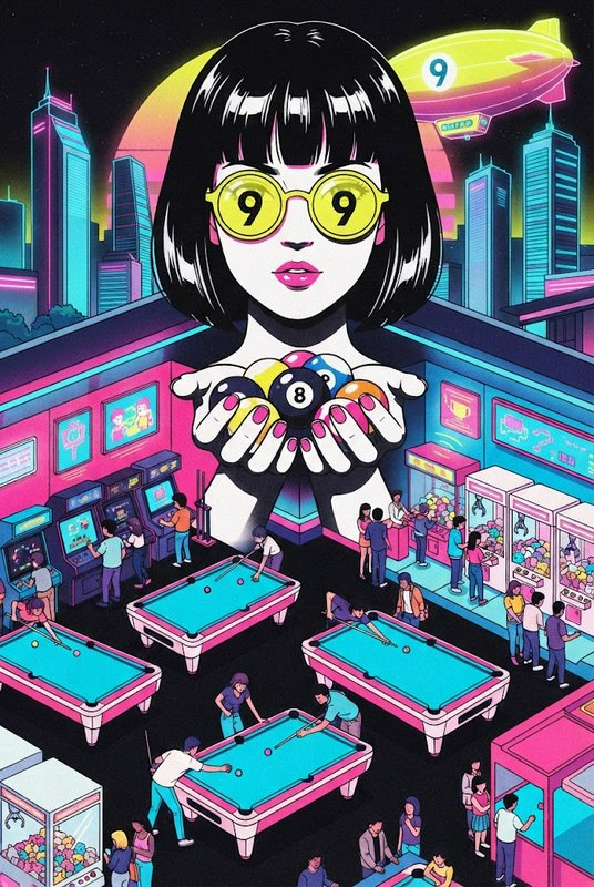 Giant stylized woman holding billiard balls looms over a neon retro arcade and pool hall cityscape