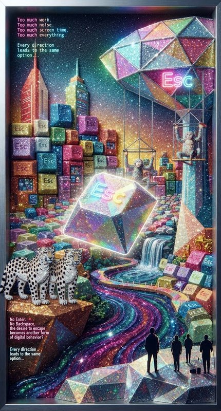 Surreal glittering fantasy landscape built from giant Esc keyboard keys, featuring snow leopards and glowing neon escape