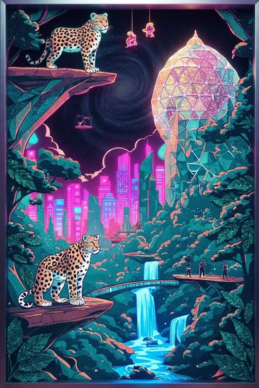 Surreal cyberpunk fantasy illustration with jaguars, neon skyline, rainforest waterfalls, and a glowing geodesic dome