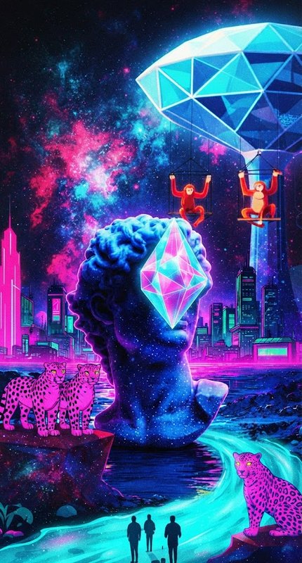 Surreal vaporwave artwork featuring a classical bust, pink leopards, glowing crystals and neon futuristic city under a