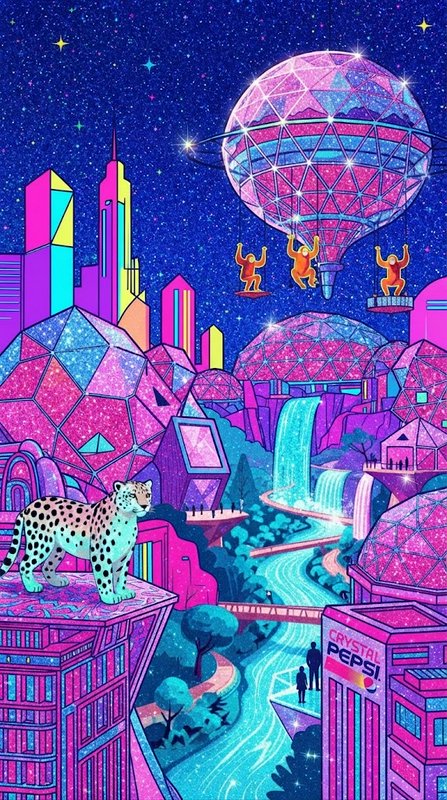 Vibrant psychedelic futuristic cityscape with a turquoise leopard, floating crystal balloon, and starry night sky