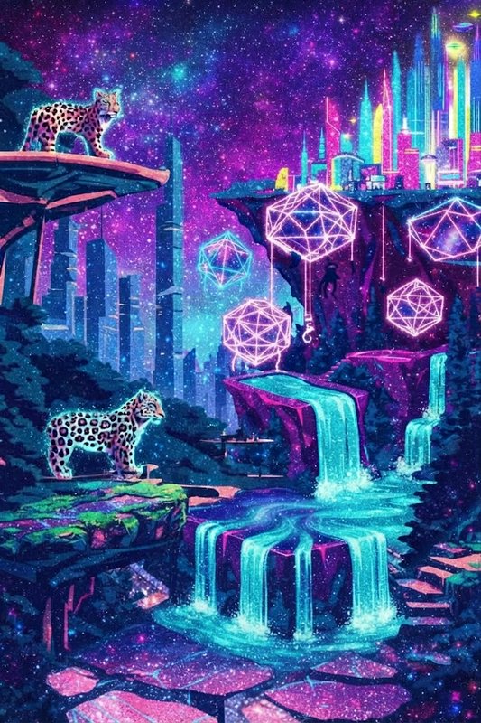 Glowing neon jaguars stand on floating cliff platforms above waterfalls and a futuristic city under a starry cosmic sky