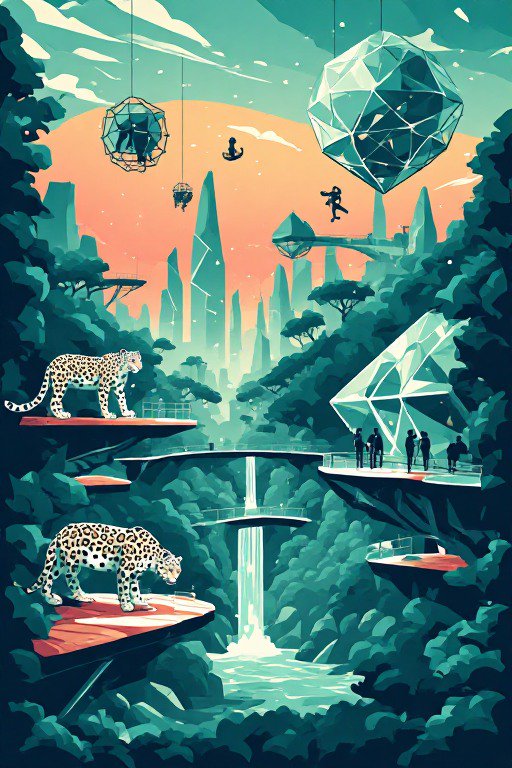 Futuristic jungle research outpost with leopards, floating crystal pods, and suspended walkways at sunset