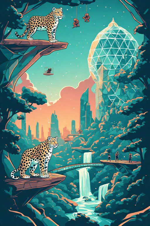 Two jaguars stand on floating cliff ledges overlooking a futuristic rainforest city at dusk
