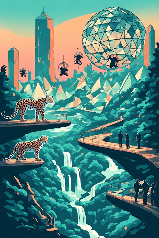 Futuristic wildlife reserve with jaguars on cliff platforms, observation walkways, floating cages and sci-fi city skyline