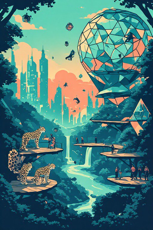 Futuristic biophilic jungle city with elevated platforms, leopards, geometric airships and distant skyscrapers