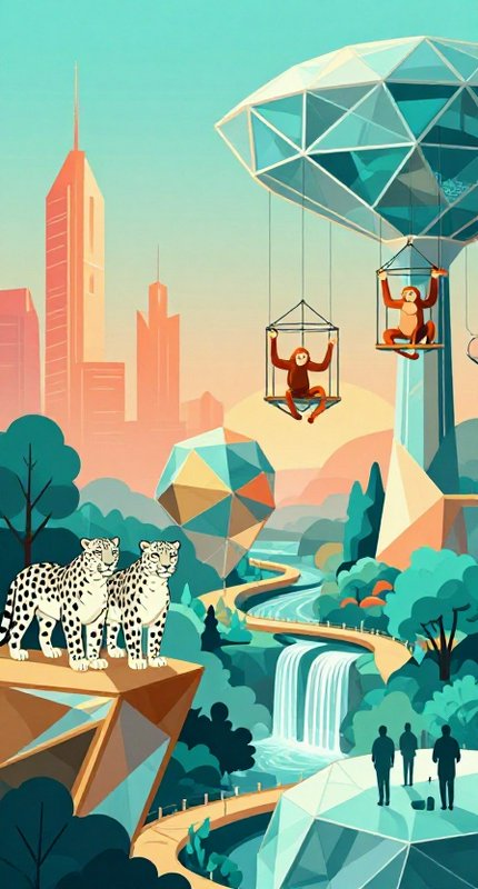 Stylized retro-futuristic zoo scene with snow leopards, hanging monkey perches, and geometric city architecture
