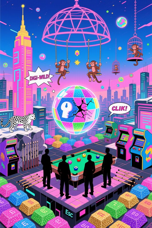 Surreal vaporwave arcade scene with pool table, swinging monkeys, spotted leopard and floating glowing disco ball