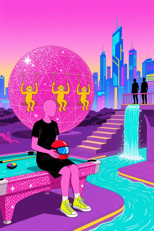 Faceless pink figure sits on a sparkly pool table in a surreal neon landscape with a giant swinging disco ball