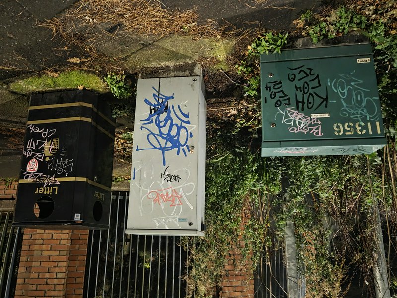 Three graffiti-covered utility boxes and a litter bin sit along an overgrown urban sidewalk edge