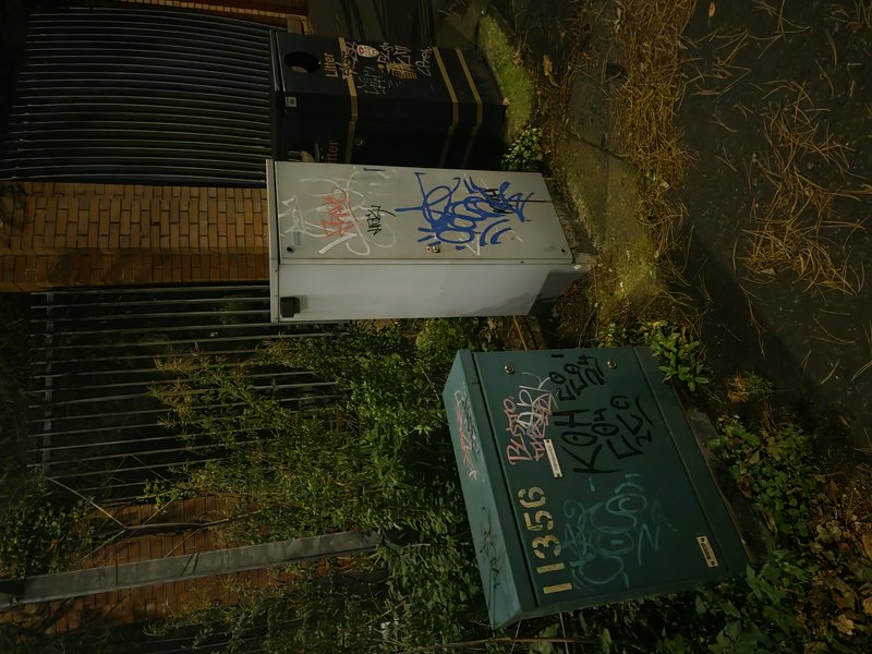 Graffiti tagged utility cabinets and a litter bin line an overgrown urban alley edge at night