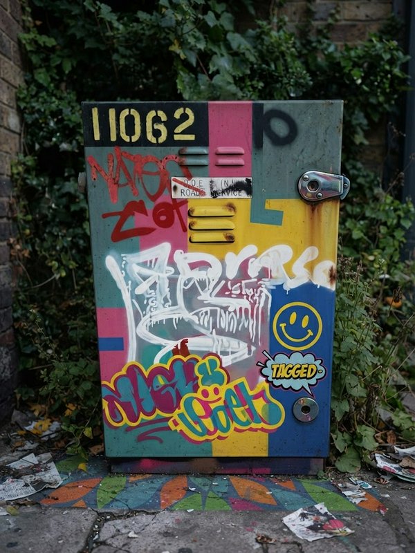 Colorful graffiti covered street utility box with smiley tags sits against overgrown ivy on a city sidewalk