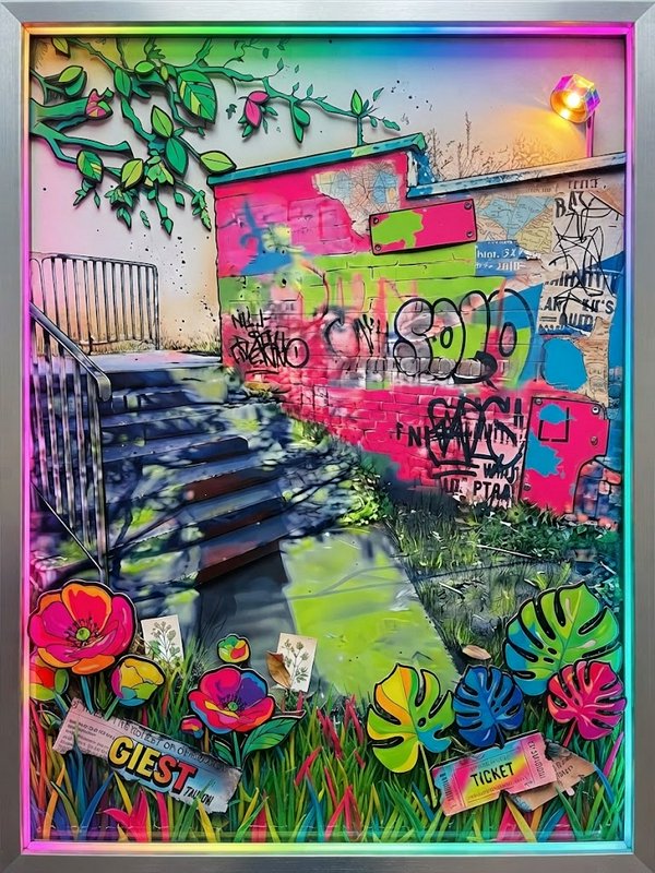 Framed pop art illustration of a graffiti-covered urban alley with bright stylized flowers and layered street details