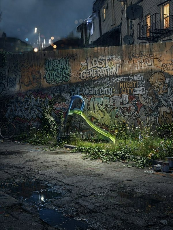 Glowing abandoned playground slide stands against a graffiti-covered wall in an overgrown city alley at dusk