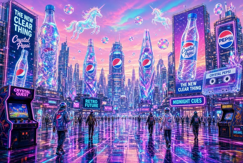 Vibrant retro-futuristic cyberpunk city featuring Crystal Pepsi branding, floating unicorns, and neon arcade decor