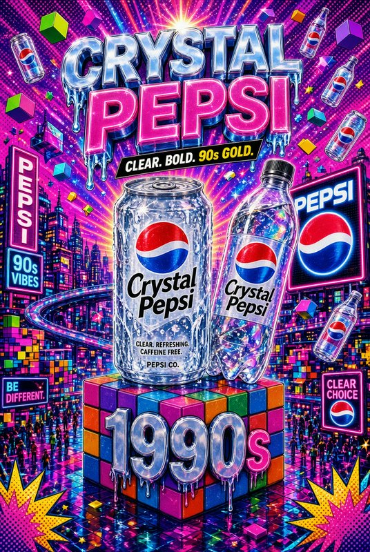 Retro 1990s Crystal Pepsi promotional poster with clear soda packaging against a vibrant neon city backdrop