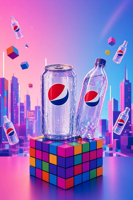Transparent Pepsi drink containers rest on a colorful cube against a pastel vaporwave city skyline with floating geometric