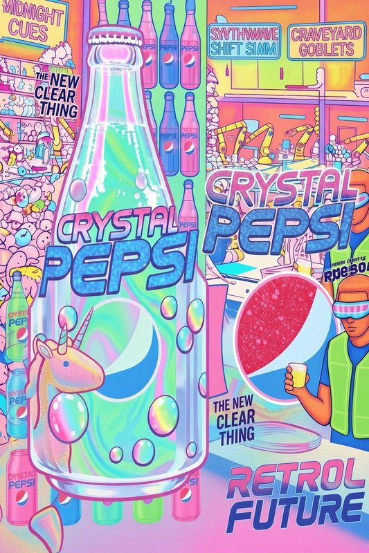 Surreal vaporwave illustration of a giant Crystal Pepsi bottle with a tiny unicorn inside a retro soda factory