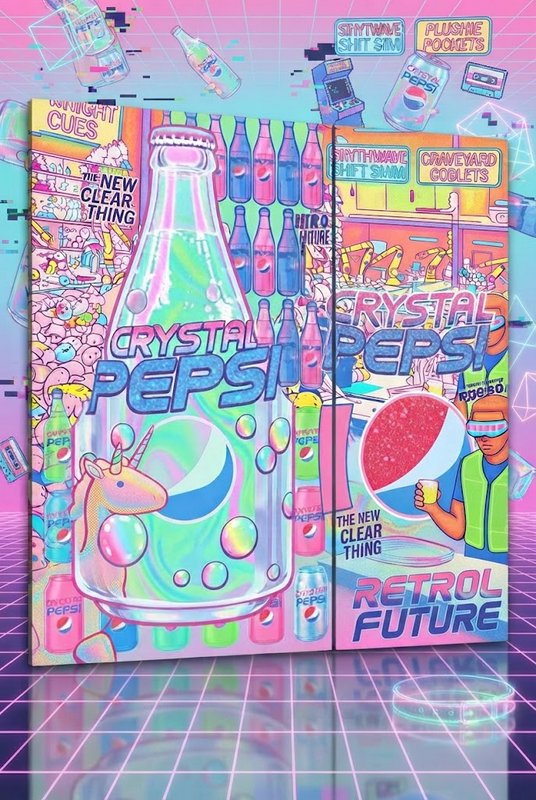 Pastel vaporwave triptych art centered on a large Crystal Pepsi bottle with retro futuristic nostalgic details