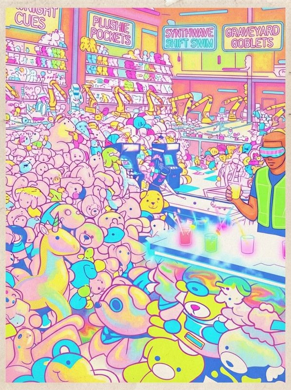 Vibrant neon pastel illustration of an overflowing plush toy factory, with a VR-wearing worker at a glowing bar