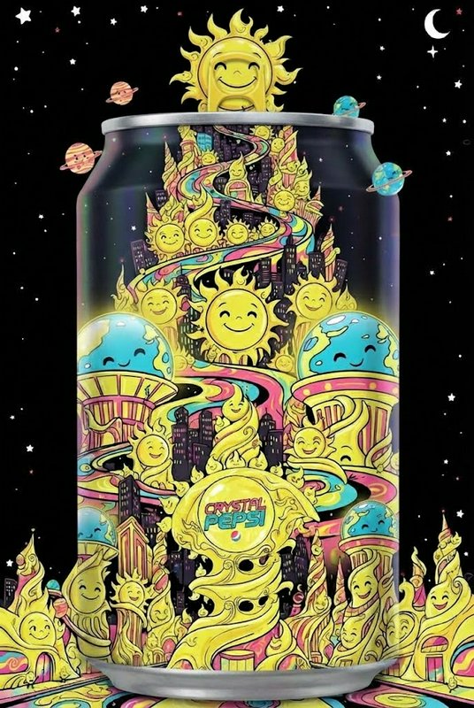 Trippy psychedelic illustration of a Crystal Pepsi can decorated with smiling sun and planet characters in starry outer space