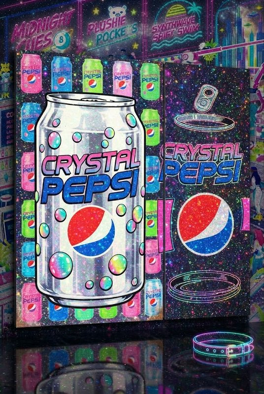 Glittery retro illustration of a holographic Crystal Pepsi can against a pastel neon starry backdrop