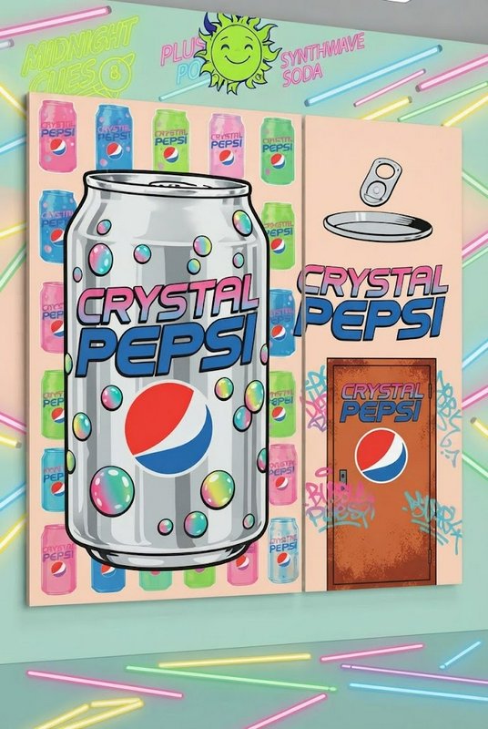 Retro pastel wall art featuring a large illustrated Crystal Pepsi can with neon synthwave accents