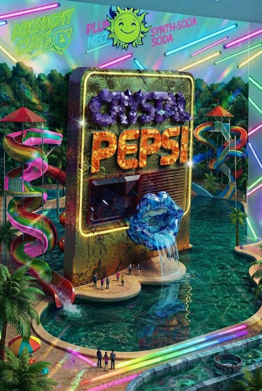 Surreal retro Crystal Pepsi themed water park with giant branded sign, rainbow slides and glowing neon accents