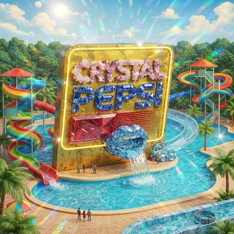 Surreal fantasy Crystal Pepsi water park with a giant jeweled golden sign and rainbow water slides