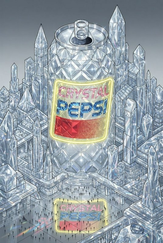 Giant faceted Crystal Pepsi can towers over a futuristic geometric crystal city plaza