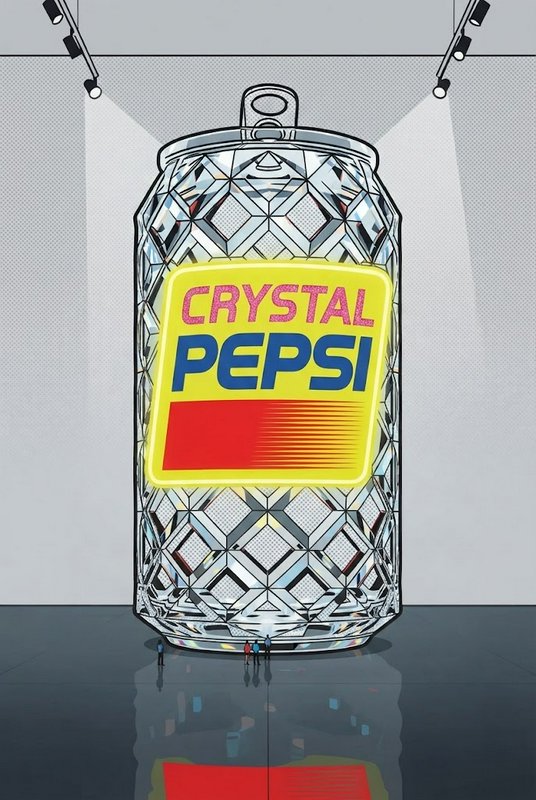 Giant faceted Crystal Pepsi art installation on gallery display with tiny visitor figures at its base