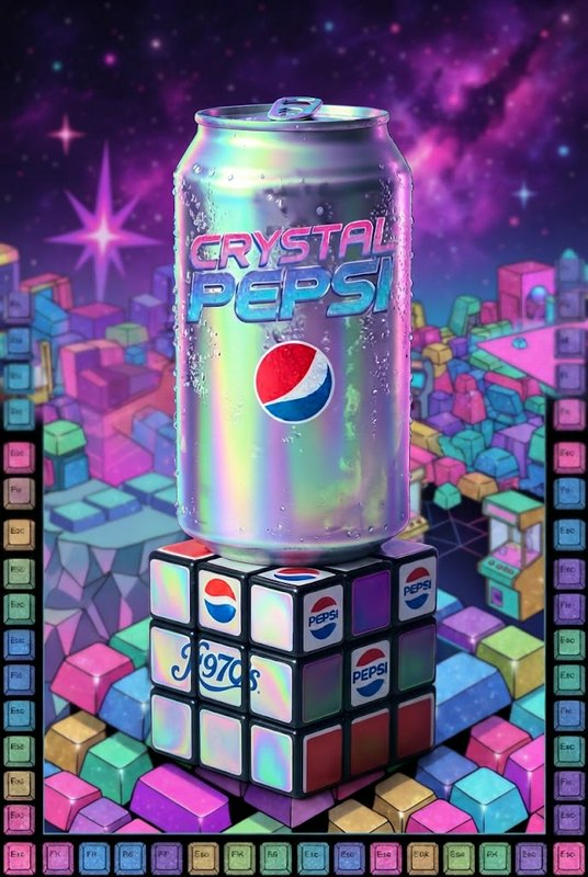 Iridescent Crystal Pepsi can rests on a 90s themed Rubik's cube against a vaporwave cosmic voxel background