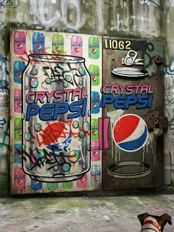 Graffiti street art depicting a Crystal Pepsi themed vending machine on a weathered alley wall