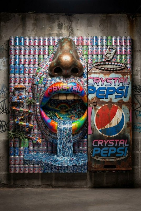 Surreal found-object face sculpture made from Pepsi cans with rainbow lips and Crystal Pepsi branding on a concrete wall