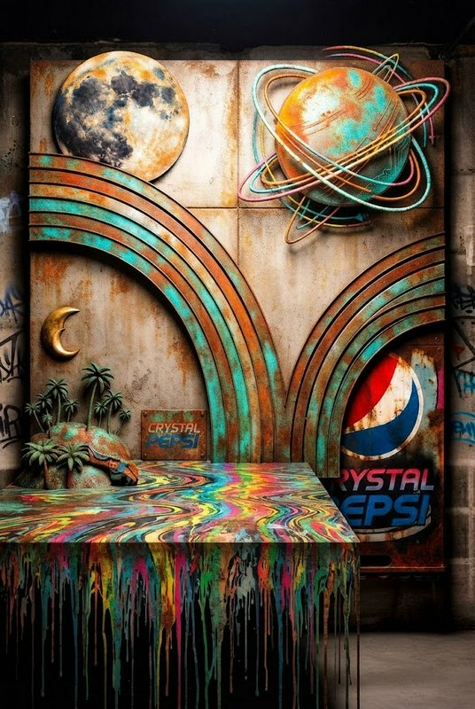 Surreal industrial wall installation with cosmic metal art, retro Crystal Pepsi branding, and a dripping marbled rainbow