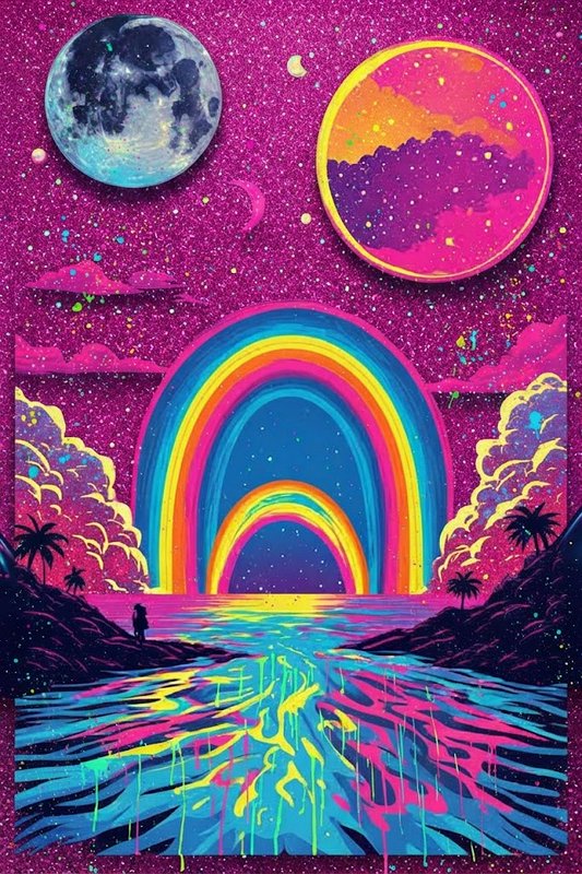 Surreal neon psychedelic landscape with stacked rainbows, celestial bodies, and a lone figure overlooking glowing coastal