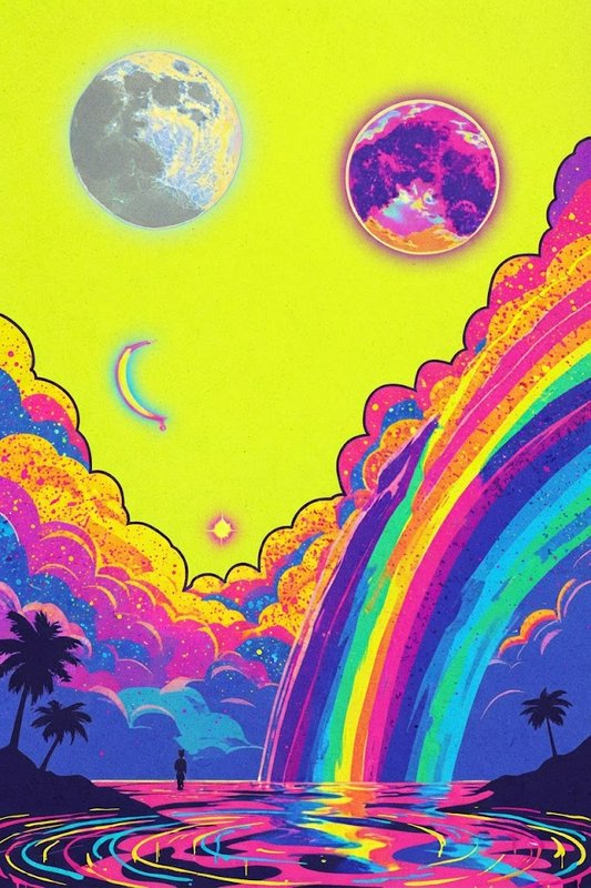 Silhouetted lone figure stands under a neon psychedelic sky with rainbows, planets and tropical palm trees