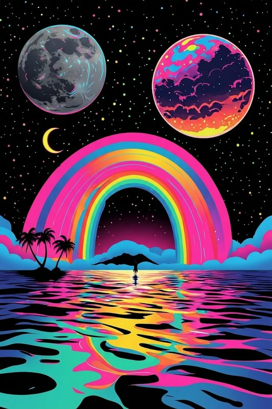 Surreal neon tropical night scene with giant rainbow, twin planets, palm tree island and reflective psychedelic ocean