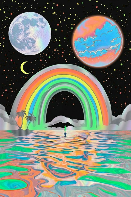 Surreal psychedelic cosmic landscape with rainbow arch, twin celestial bodies, and lone figure on rippled iridescent water