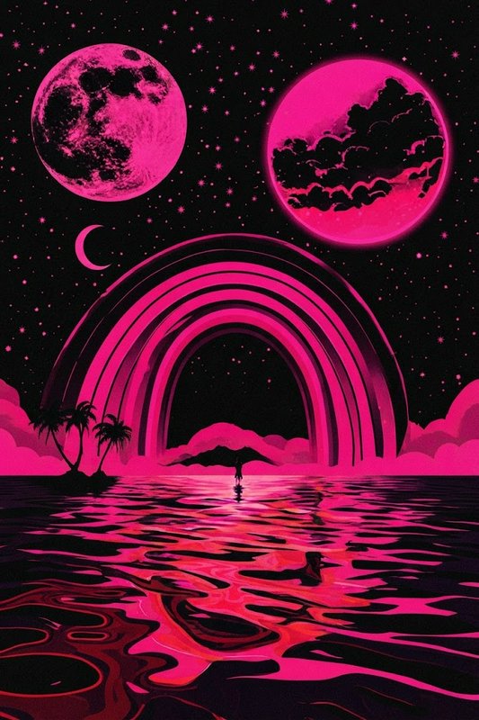 Surreal hot pink psychedelic seascape with twin glowing moons, stacked neon rainbow, and lone figure on rippled water