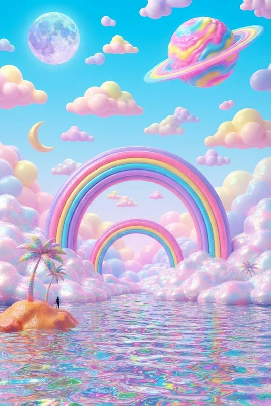 Tiny silhouetted person on a palm-tree island beneath pastel rainbows in a whimsical dreamscape