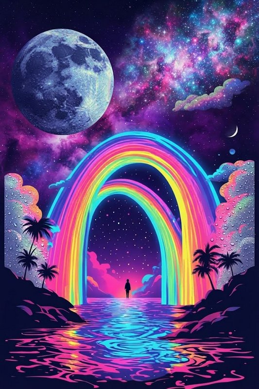 Lone silhouetted figure stands beneath neon double rainbows under a starry cosmic sky over tropical water